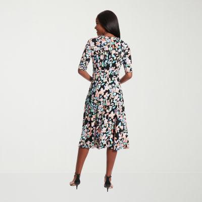 Wedding Guest Dress With Tie Waist London Times Women's Midi Wrap Dress   Abstract Print, Elbow Sleeves, Tie Waist For Wedding Guest, Office, Parties  Amazon Wedding Guest Dresses