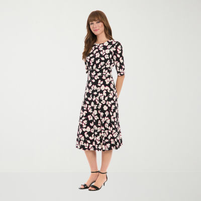 London Times Womens 3/4 Sleeve Floral Midi Fit + Flare Dress