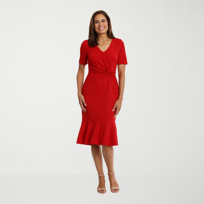 London Times Womens Short Sleeve Midi Fit + Flare Dress