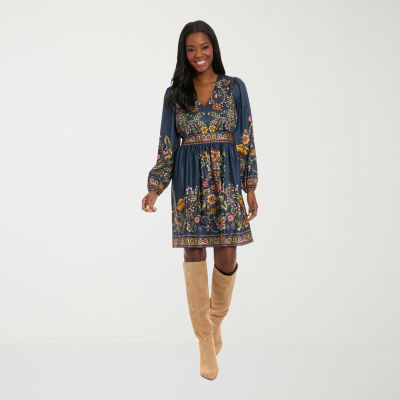 London Style Womens Petite Long Sleeve Floral Fit Flare Dress