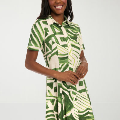 London Times Womens Short Sleeve Striped Fit + Flare Dress Petite
