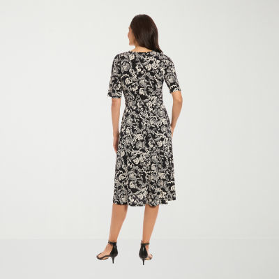 London Times Womens Short Sleeve Midi Fit + Flare Dress Petite