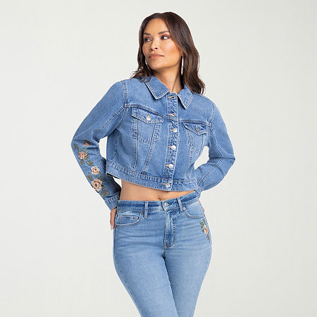 Js Jessica Simpson Womens Denim Embroidered Midweight Jacket In Blue