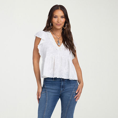 Js Jessica Simpson Womens V Neck Short Sleeve Blouse In White