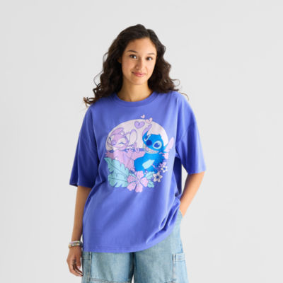 Stitch And Angel Oversized Tee Womens Juniors Crew Neck Short Sleeve Oversized Graphic T-Shirt