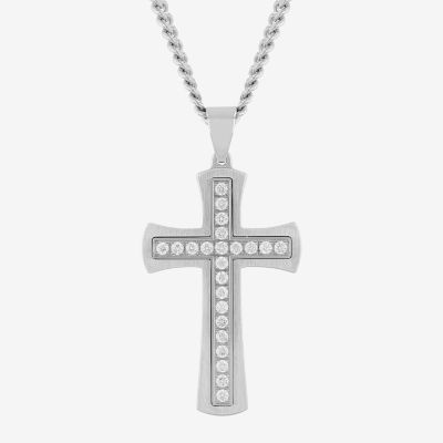 (G-H / Si1) Mens 1 CT. T.W. Lab Grown Diamond Stainless Steel Cross Pendant Necklace