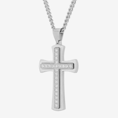 (G-H / Si1) Mens 1 CT. T.W. Lab Grown Diamond Stainless Steel Cross 24 Inch Pendant Necklace