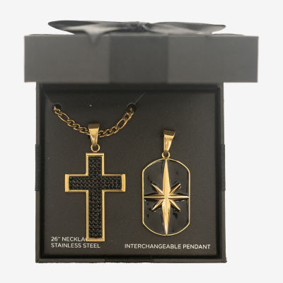 Mens Cubic Zirconia Stainless Steel Cross 26 Inch Pendant Necklace