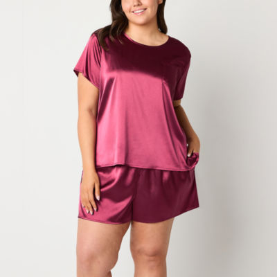 Ambrielle Womens Plus Satin Short Sleeve Crew Neck 2-pc. Shorts Pajama Set