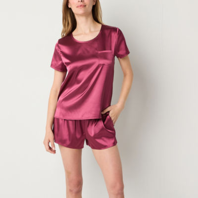 Ambrielle Womens Satin Short Sleeve Crew Neck 2-pc. Shorts Pajama Set