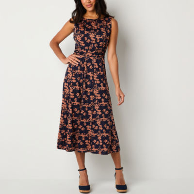 Perceptions Womens Sleeveless Leaf Midi Fit + Flare Dress