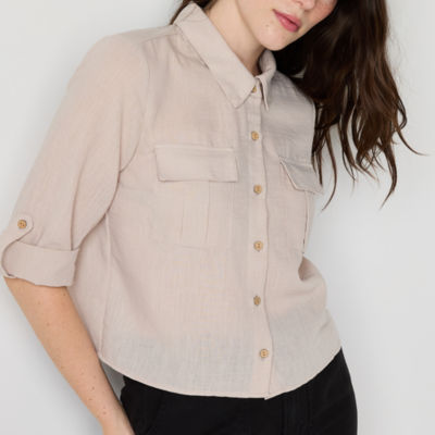 by&by Juniors Womens 3/4 Sleeve Boxy Fit Button-Down Shirt