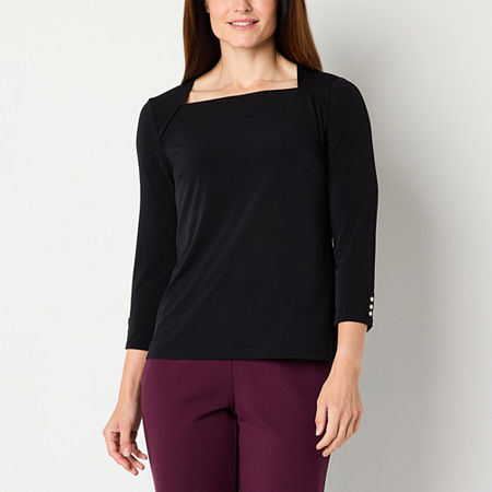 Liz Claiborne Womens Square Neck 3/4 Sleeve Blouse, Petite Small, Black