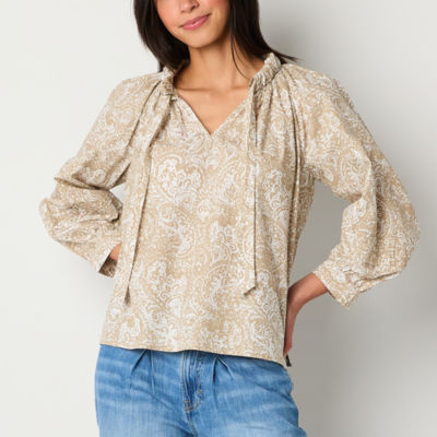 a.n.a Womens Split Tie Neck Long Sleeve Blouse