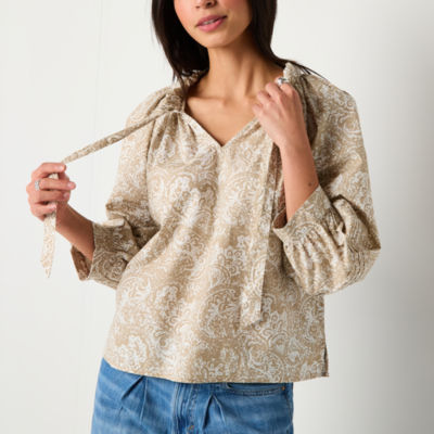 a.n.a Womens Split Tie Neck Long Sleeve Blouse