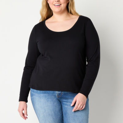 a.n.a Womens Plus Scoop Neck Long Sleeve T-Shirt