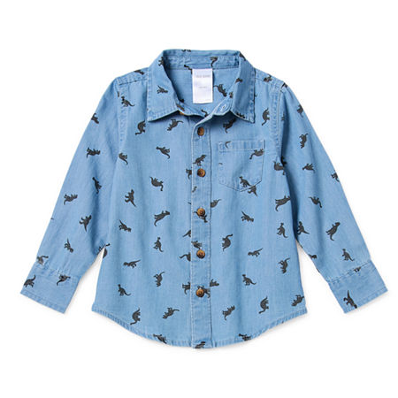 Okie Dokie Toddler & Little Boys Dino Print Long Sleeve Button-Down Shirt, 12 Months, Blue