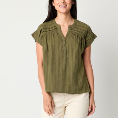 Frye and Co. Womens Split Crew Neck Short Sleeve Blouse