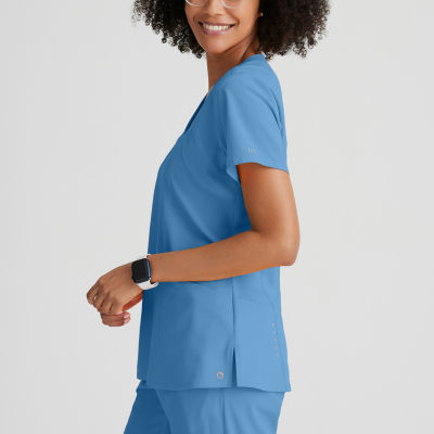 Barco One 5105 Racer 4-Pocket Womens V Neck Short Sleeve Tag Free Stretch Fabric Moisture Wicking Scrub Top