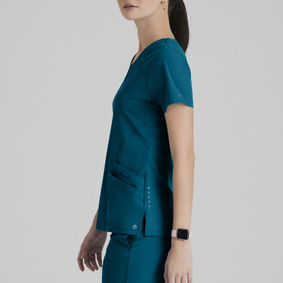 Barco One 5106 Pulse 5-Pocket Womens V Neck Short Sleeve Tag Free Stretch Fabric Moisture Wicking Scrub Top