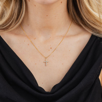 Womens 1/4 CT. T.W. Natural White Diamond 14K Gold Cross 18 Inch Pendant Necklace