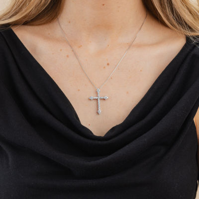 (H / Si2) Womens 1 CT. T.W. Lab Grown White Diamond 10K White Gold Cross 18 Inch Pendant Necklace