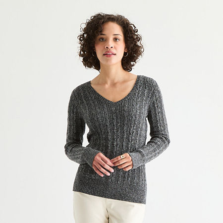 St. John's Bay Womens V Neck Long Sleeve Cable Knit Pullover Sweater In Gray