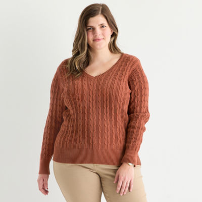 St. John's Bay Plus Womens V Neck Long Sleeve Cable Knit Pullover Sweater