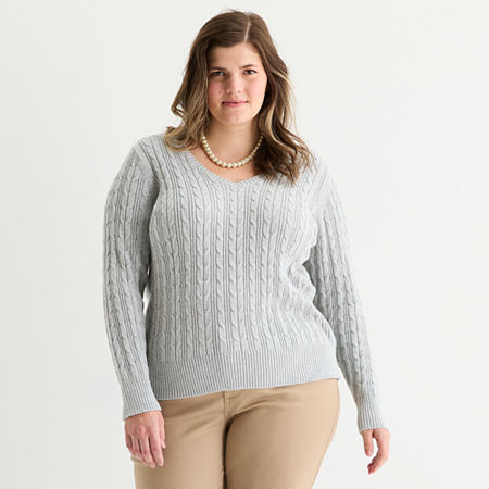St. John's Bay Plus Womens V Neck Long Sleeve Cable Knit Pullover Sweater In Gray