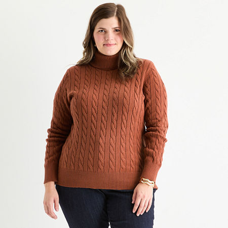 St. John's Bay Plus Womens Turtleneck Long Sleeve Cable Knit Pullover Sweater In Brown