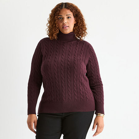 St. John's Bay Plus Womens Turtleneck Long Sleeve Cable Knit Pullover Sweater