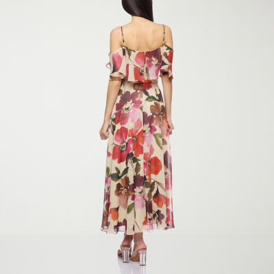 Premier Amour Off The Shoulder Womens Short Sleeve Floral Midi Fit + Flare Dress