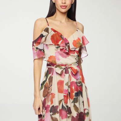 Premier Amour Off The Shoulder Womens Short Sleeve Floral Midi Fit + Flare Dress