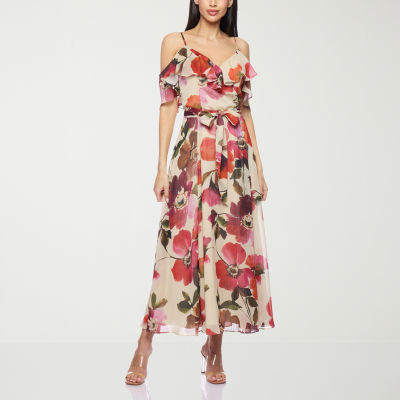 Premier Amour Off The Shoulder Womens Short Sleeve Floral Midi Fit + Flare Dress