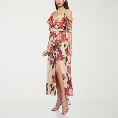 Premier Amour Off The Shoulder Womens Short Sleeve Floral Midi Fit + Flare Dress