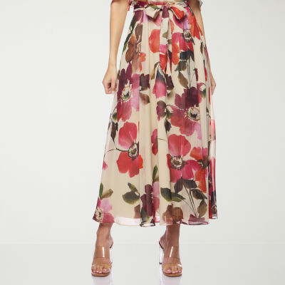 Premier Amour Off The Shoulder Womens Short Sleeve Floral Midi Fit + Flare Dress