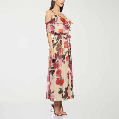 Premier Amour Off The Shoulder Womens Short Sleeve Floral Midi Fit + Flare Dress