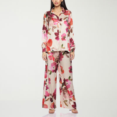 Premier Amour Floral Womens Long Sleeve Satin Blouse