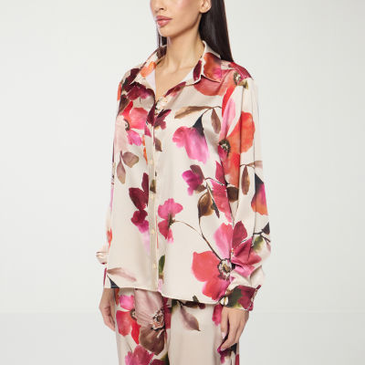 Premier Amour Floral Womens Long Sleeve Satin Blouse