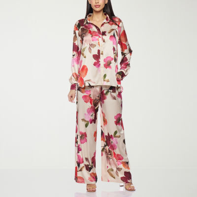 Premier Amour Floral Womens Long Sleeve Satin Blouse