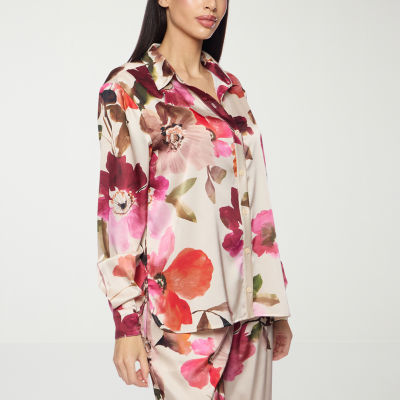 Premier Amour Floral Womens Long Sleeve Satin Blouse