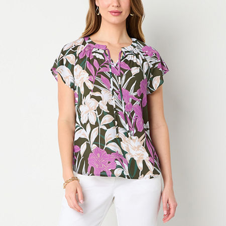 Liz Claiborne Womens Split Tie Neck Short Sleeve Blouse, Large, Purple