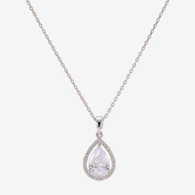 Sparkle Allure Halo Cubic Zirconia Pure Silver Over Brass 16 Inch Link Pear Pendant Necklace