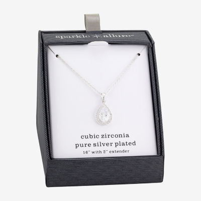 Sparkle Allure Halo Cubic Zirconia Pure Silver Over Brass 16 Inch Link Pear Pendant Necklace