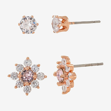 Sparkle Allure Womens Pink Cubic Zirconia 18K Rose Gold Over Brass Flower 2 Pair Earring Set, One Size