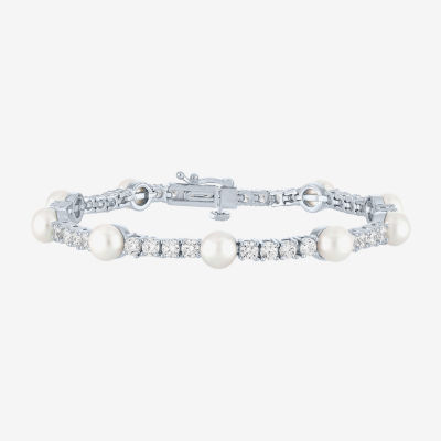 Womens Cultured Freshwater Pearl & Cubic Zirconia Sterling Silver Over Brass Bracelet