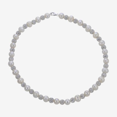 Womens White Cultured Freshwater Pearl Sterling Silver Strand Necklace