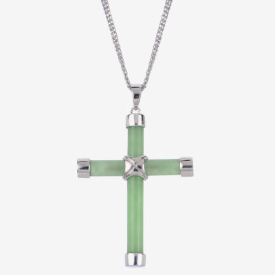 Womens Genuine Green Jade Sterling Silver Cross Pendant Necklace