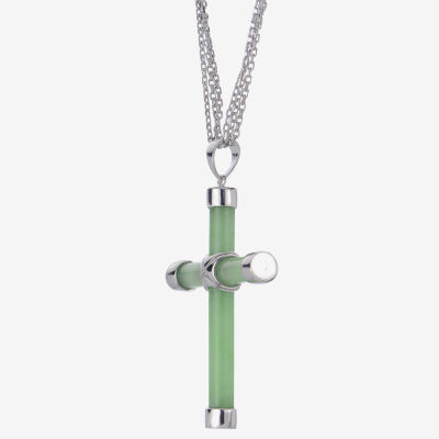 Womens Genuine Green Jade Sterling Silver Cross Pendant Necklace