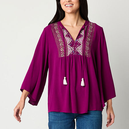 Frye And Co. Womens Split Tie Neck 3/4 Sleeve Blouse, Large, Purple